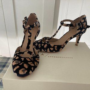 Anthropologie T Strap Floral Velvet Heels